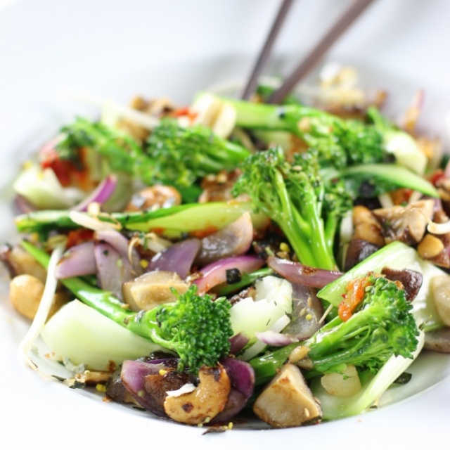 Bimi stir-fried salad with onion and pak choi