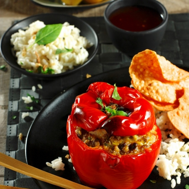 Stuffed sweet peppers with tofu and vegetarian mince.