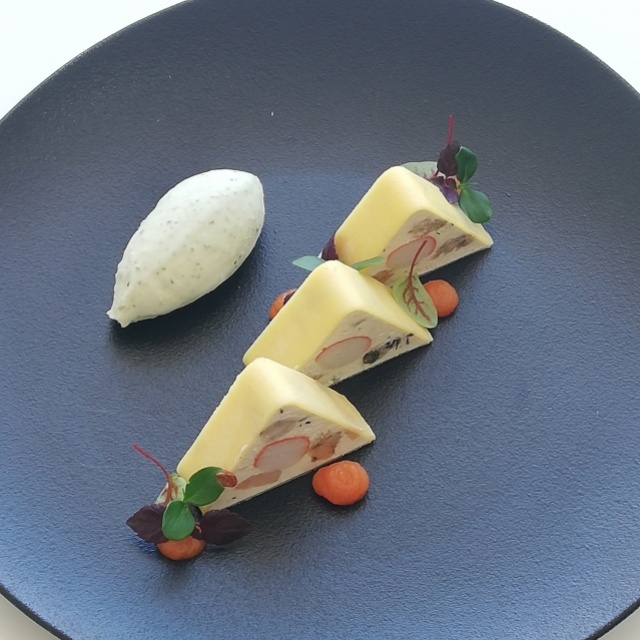 Pasta triangel met zeevruchten, sorbet van basilicum en citrusgel