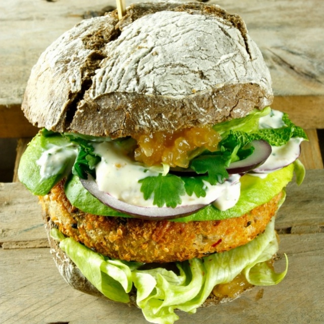 Bean burger with lime mayonnaise and onion relish