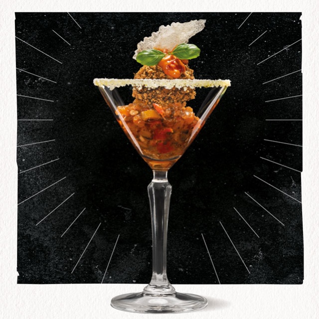 Arancini Negroni: Arancini op caponata met Calabrian chili & Bell pepper sauce