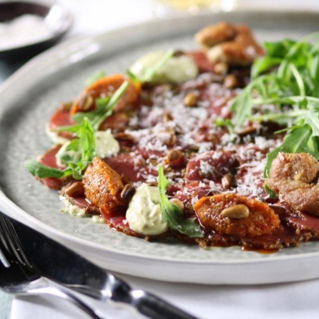 Lamb carpaccio with ratatouille and sweetbread fritters