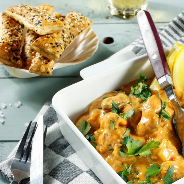 Mussel ragout à l’armoricaine with puff pastry strips